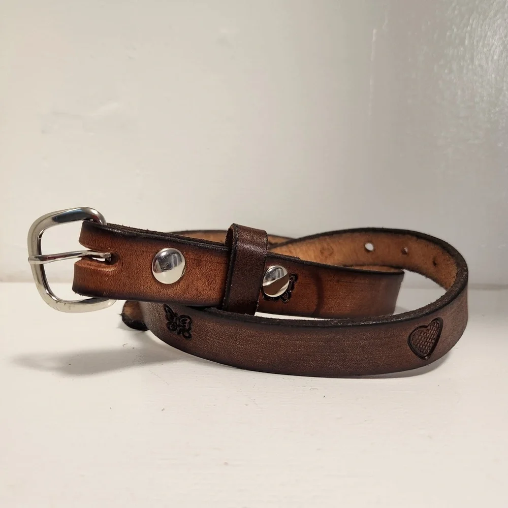 Women's Heart & Butterfly Stamped Brown Leather Belt Size 28